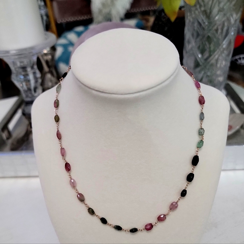 Natual RAINBOW TOURMALINE GEMSTONE NECKLACE Sterling SILVER 925 18k Gold Overlay